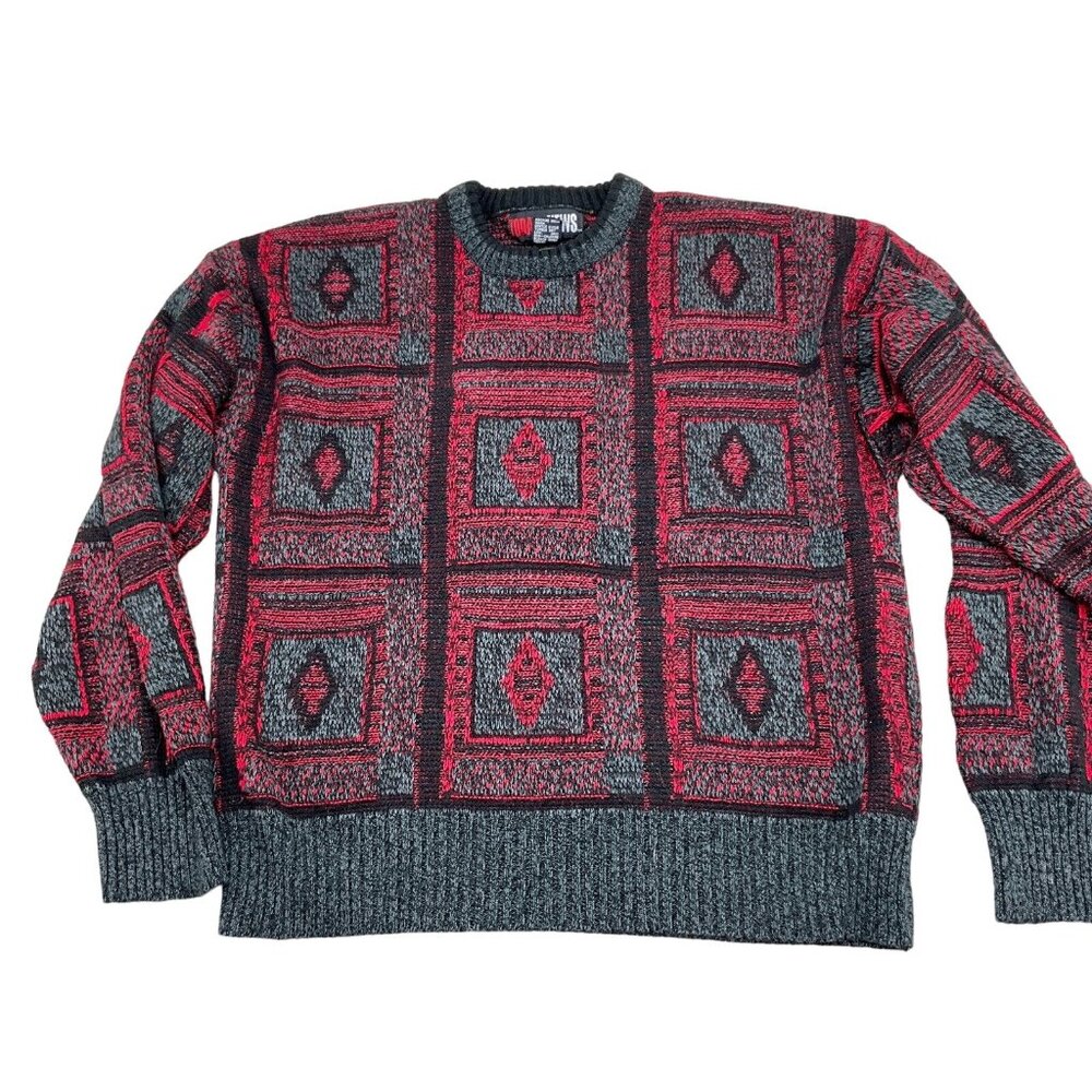 Todays News Sweater Men Large 42 Red Gray Black‎ Diamond Acrylic 80s 90s VTG
